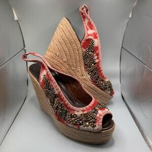 Bacio 61 Coral Women's Shoes Espradrille Style Slingback 7.5 Heels Beads Red NIB